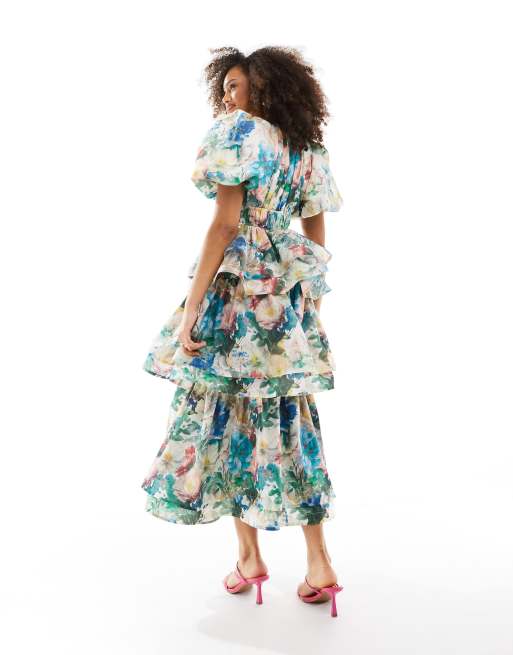 & Other Stories – Midikleid mit voluminösen Ärmeln, Rüschen und romantischem Blumenprint, 4 von 4