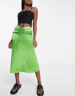 & Other Stories midi skirt with ruched tie front in green linen - ASOS Price Checker
