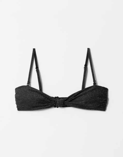 & Other Stories mix and match knot front bandeau bikini top with gold glitter thread and removeable padding in black 