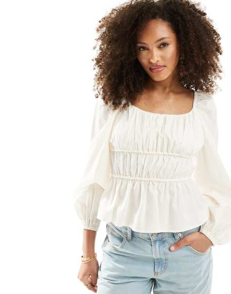 & Other Stories milkmaid blouse with long volume sleeves and tie  detail in off white - view 1