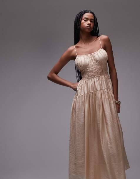 & Other Stories milkmaid midi dress with smocking and spaghetti straps in beige - view 1