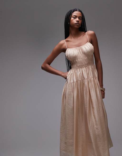 & Other Stories milkmaid midi dress with smocking and spaghetti straps in beige