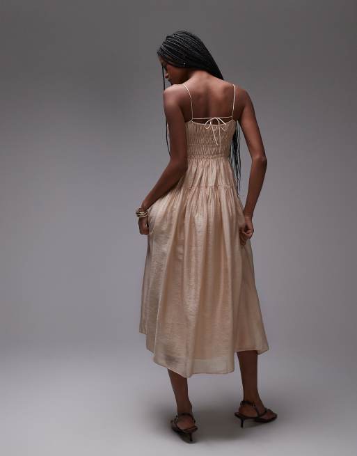 & Other Stories milkmaid midi dress with smocking and spaghetti straps in beige