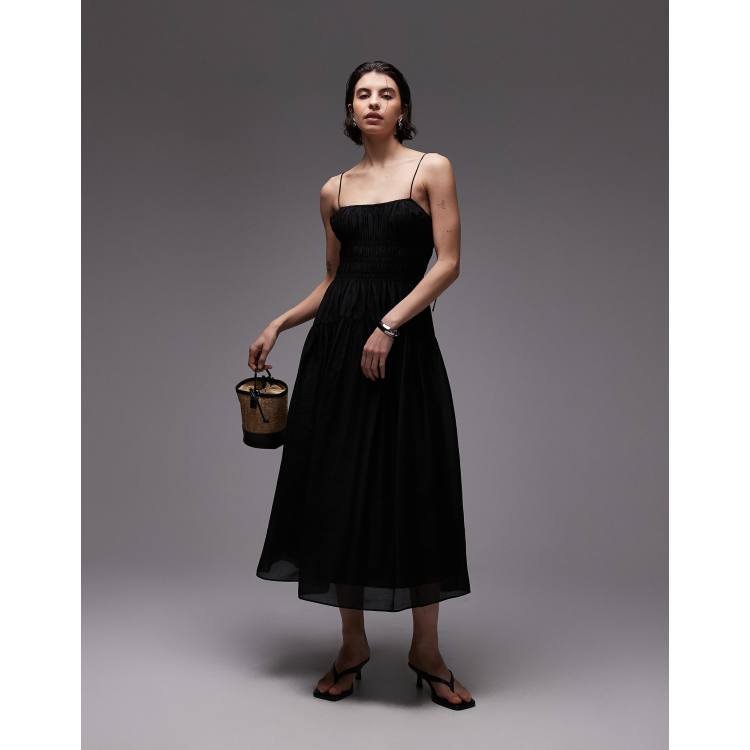 black milkmaid midi dress Wednesday's Girl milkmaid tiered linen blend midi dress in black