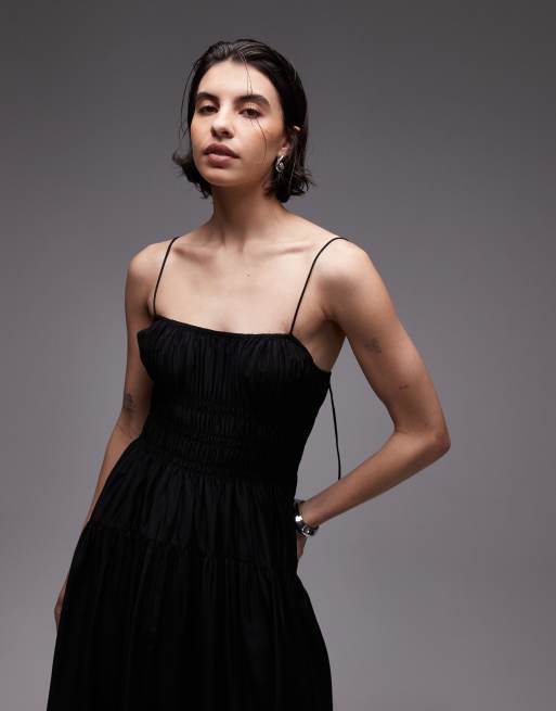 & Other Stories milkmaid midi dress with smocking and spaghetti straps in black, 3 of 4