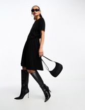 Asyou Satin Shirt Dress with Lace-up Sides in Black worn by Olivia