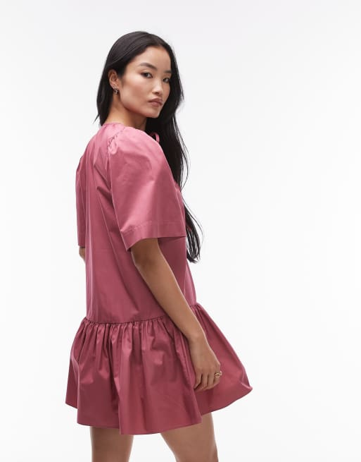 & Other Stories mini dress with drop waist and tie front in  red raspberry, 4 of 4
