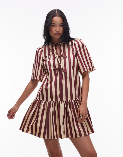 & Other Stories mini dress with drop waist and tie front in stripes , 3 of 4