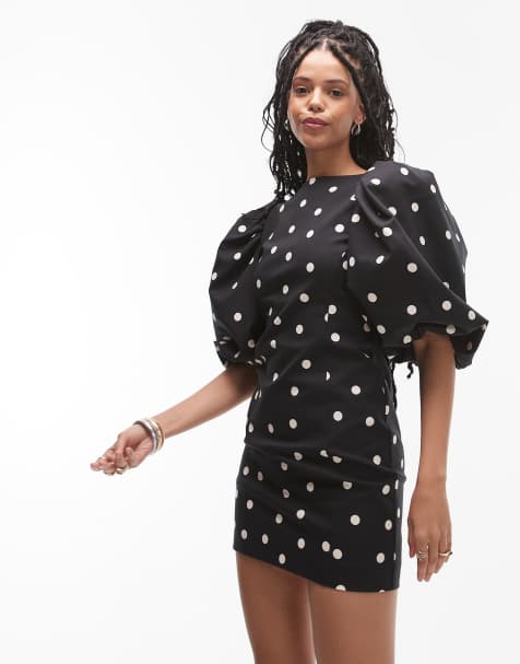 & Other Stories mini dress with puff sleeves and low back in spot print  - view 1