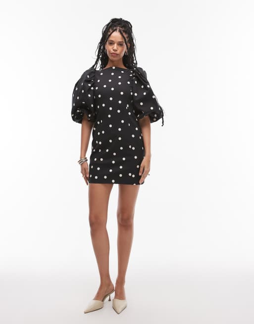 & Other Stories mini dress with puff sleeves and low back in spot print , 3 of 4