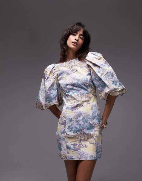 & Other Stories mini dress with puff sleeves and low back in vintage landscape print - view 1