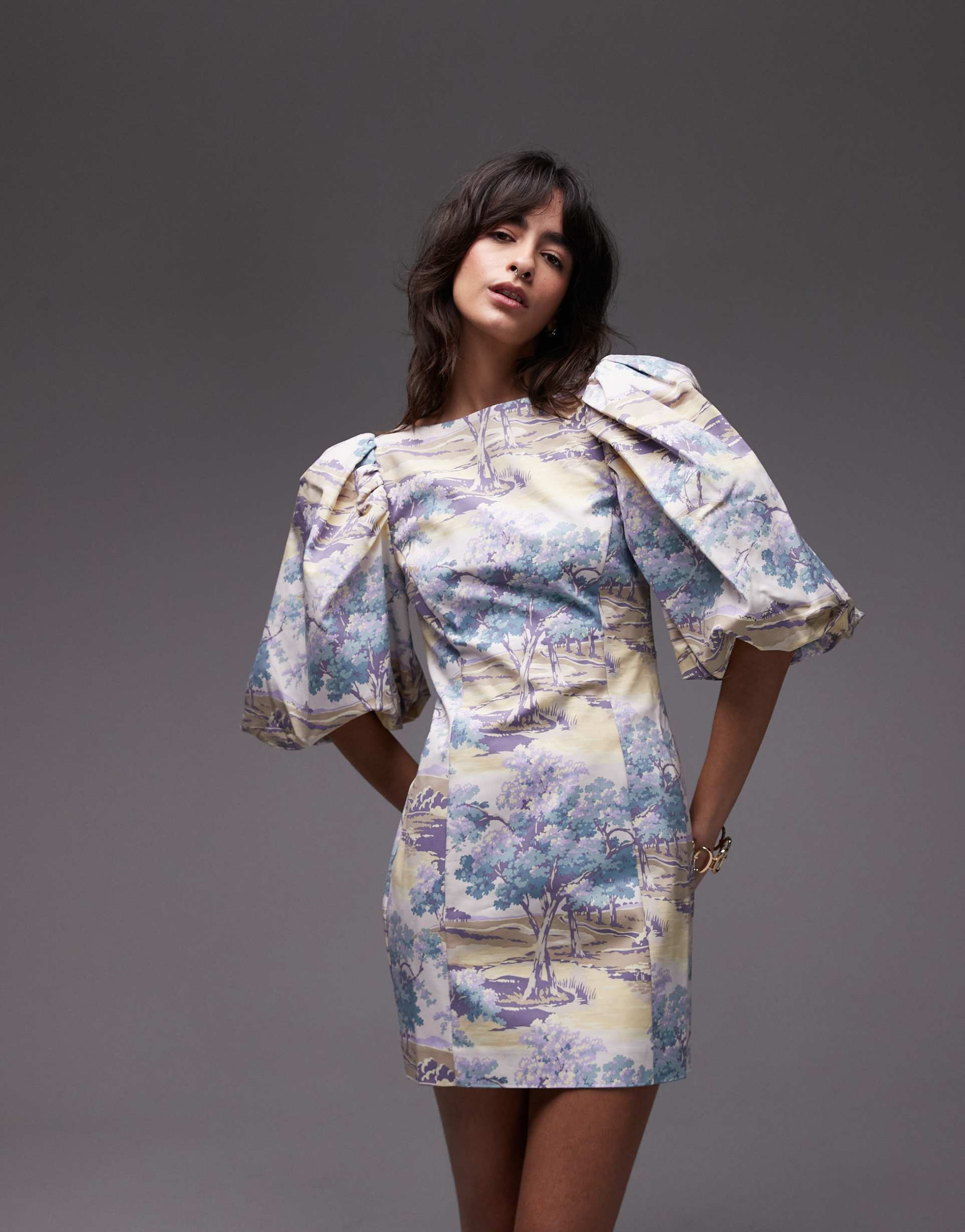 & other stories mini dress with puff sleeves and low back in vintage landscape print