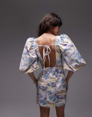 & Other Stories Mini Dress With Puff Sleeves And Low Back In Multi