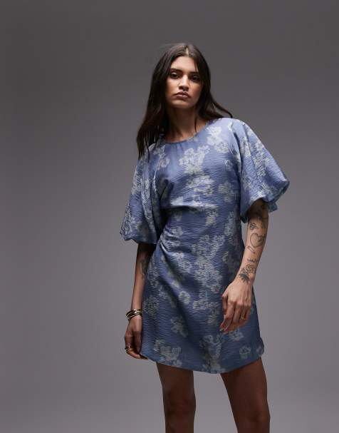& Other Stories mini dress with puff sleeves with tie-back belt in blue floral print - view 1