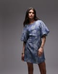 [Other Stories] & Other Stories mini dress with puff sleeves with tie-back belt in blue floral print M Blue Floral Print