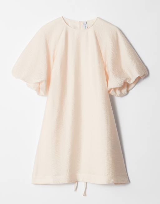 & Other Stories mini dress with puff sleeves with tie-back belt in white, 4 of 4