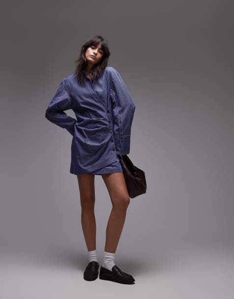 & Other Stories – Mini-Hemdblusenkleid in Blau mit Streifen und geraffter Wickel-Optik vorn - view 1