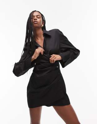 & Other Stories - Mini-Hemdblusenkleid in Schwarz mit geraffter Wickel-Optik vorn