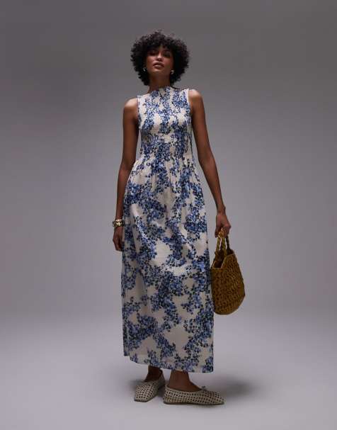 & Other Stories - Mini jurk met boothals, gesmokt lijfje en bloemenprint in blauw - view 1