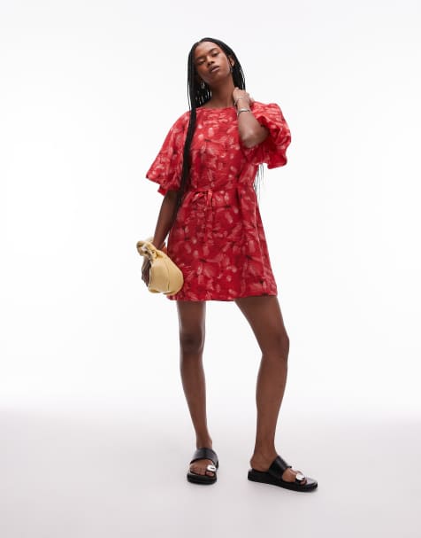 & Other Stories - Mini jurk met ronde hals, pofmouwen en afneembare riem in rode bloemenprint - view 1