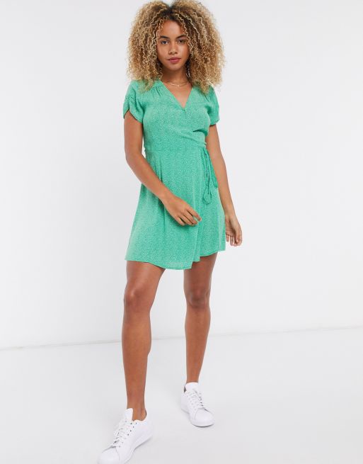 & Other Stories mini leaves print wrap mini dress in green | ASOS