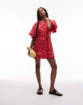 [Other Stories] & Other Stories mini round neck dress with puff sleeves and detachable belt in red floral print XS Red Floral Print