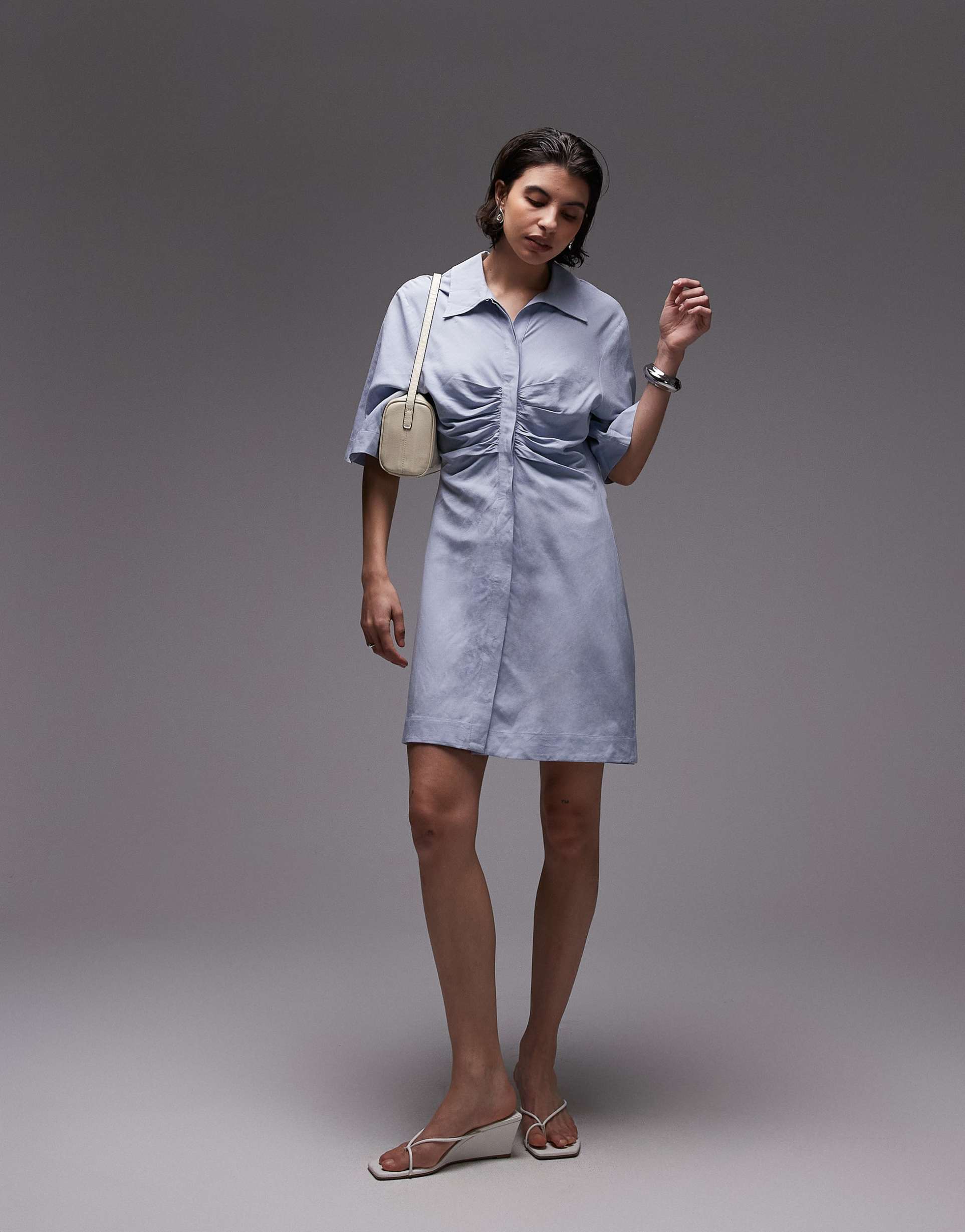 & other stories mini shirt dress with ruche front in blue