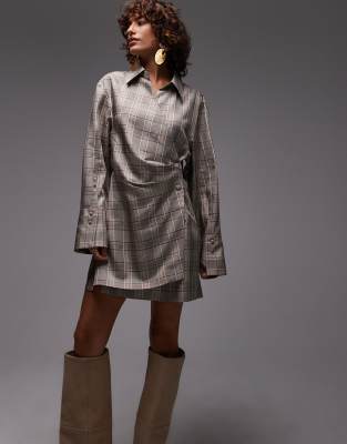 & Other Stories mini shirt dress with ruche wrap front in grey stripe-Black