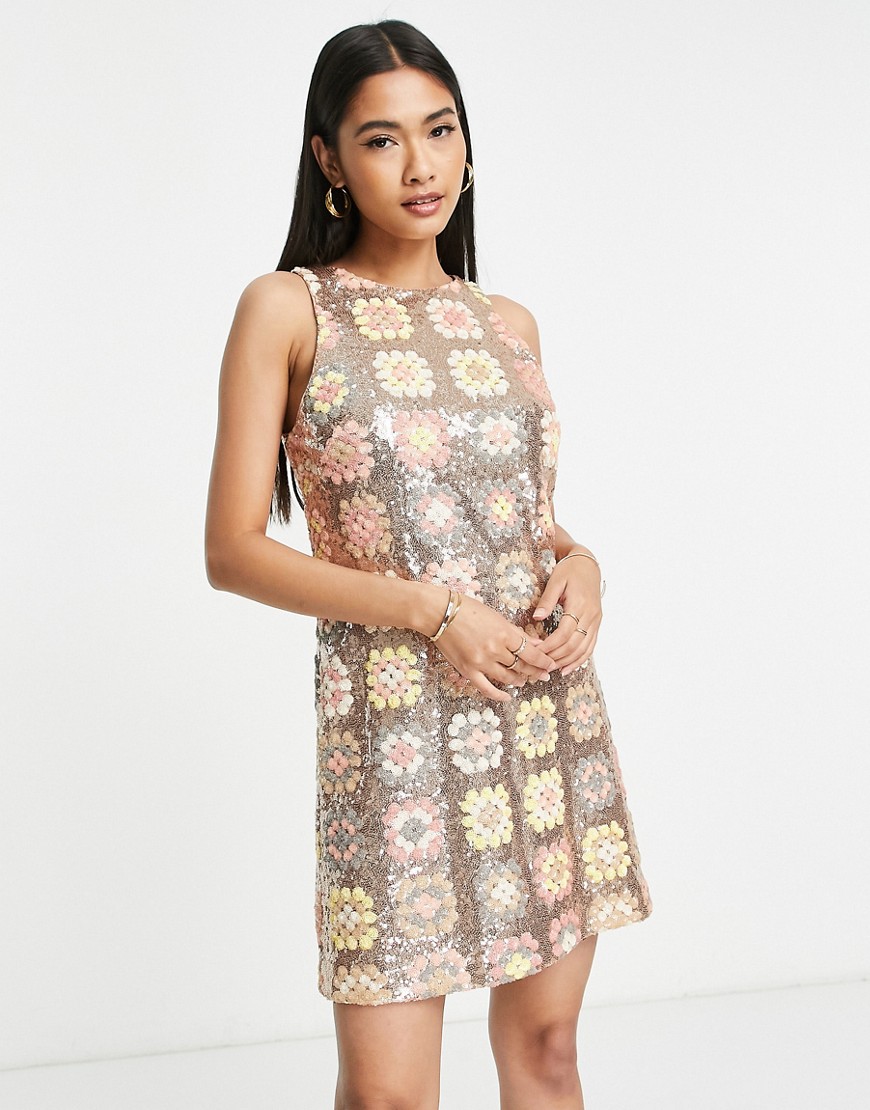 & Other Stories mini sleeveless swing dress in retro patchwork sequin-Multi