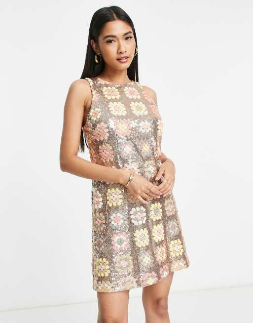 & Other Stories mini sleeveless swing dress in retro patchwork sequin ...