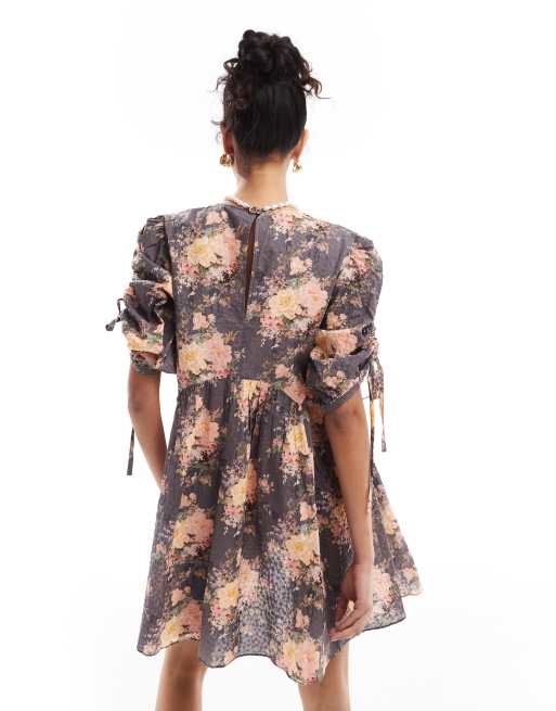 & Other Stories mini smock dress with tie detail volume