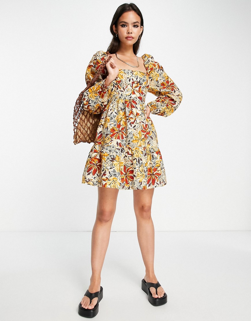 Other Stories &  Mini Smock Dress With Volume Sleeves In Autumnal Floral-multi