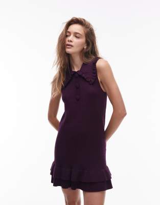 & Other Stories - Mini-Strickkleid mit Kragen und lila Jacquard-Schachbrettmuster