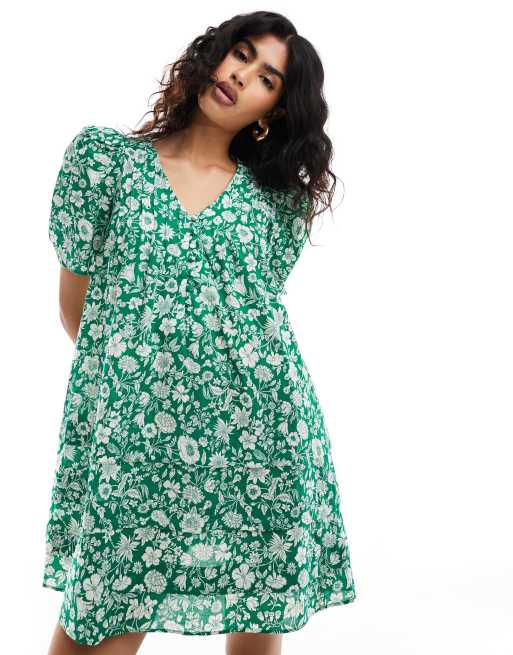 Other Stories mini swing dress with puff sleeves in green floral print ASOS