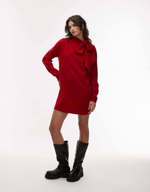 & Other Stories – Minikleid aus Wollstrick in Dunkelrot mit Schleifenschal, 4 von 4