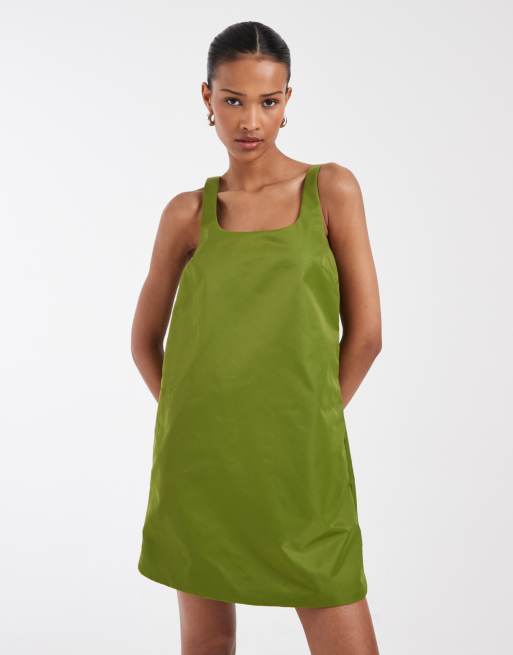 & Other Stories – Minikleid in Grün mit eckigem Ausschnitt und verstellbarem Ballonsaum, 2 von 4