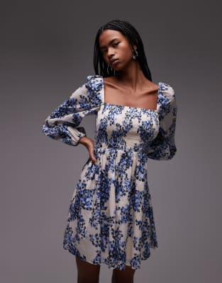 & Other Stories - Minikleid mit blauem Blumenprint, quadratischem Ausschnitt und gerafftem Oberteil