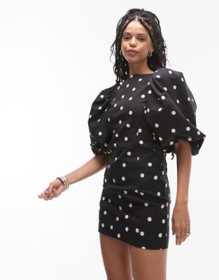 & Other Stories - Minikleid mit Punkteprint, Puffärmeln und tiefem Rückenausschnitt-Schwarz