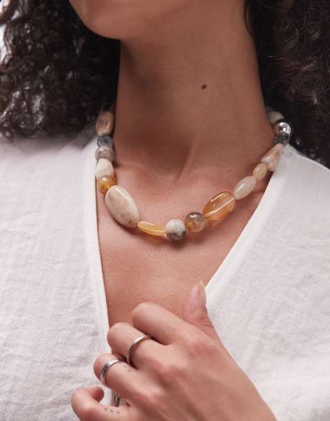 & Other Stories mix and match chunky beaded resin small necklace in light white neutral - view 1