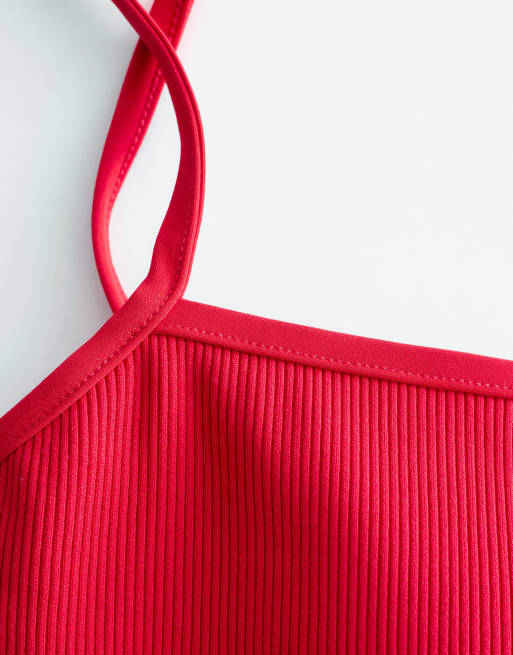 & Other Stories mix and match crinkle bandeau bikini top with knot detail in red, 4 of 4