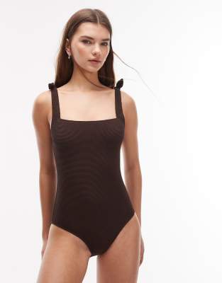 & Other Stories mix and match crinkle bow tie knot straps swimsuit in dark brown