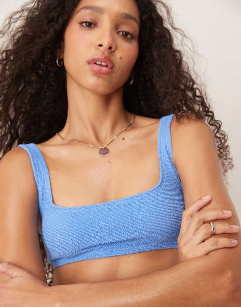 & Other Stories mix and match crinkle scoop front bikini top with low back in blue