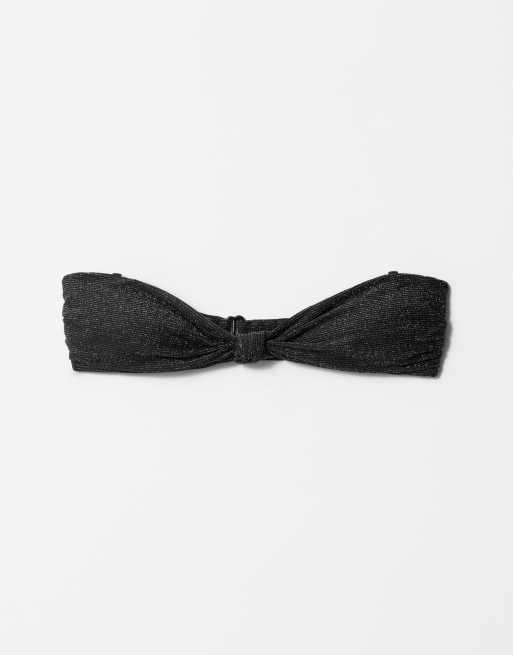 & Other Stories mix and match knot front bandeau bikini top with gold glitter thread and removable padding in black , 2 of 4