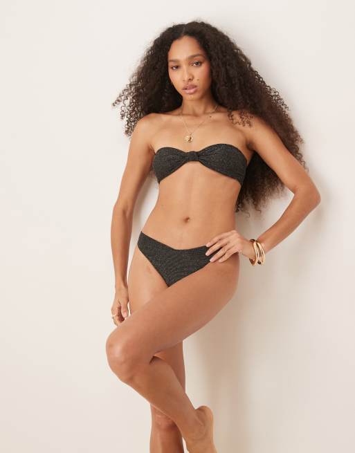 & Other Stories Mix and Match knot front bandeau bikini with gold glitter thread and removable padding in black
