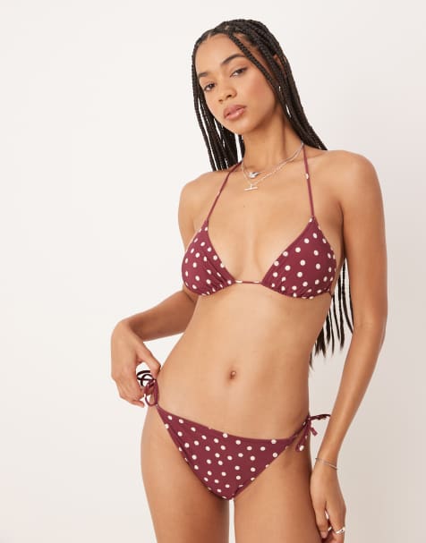 & Other Stories mix and match side tie bikini bottom in burgundy and white polka dot print - view 1
