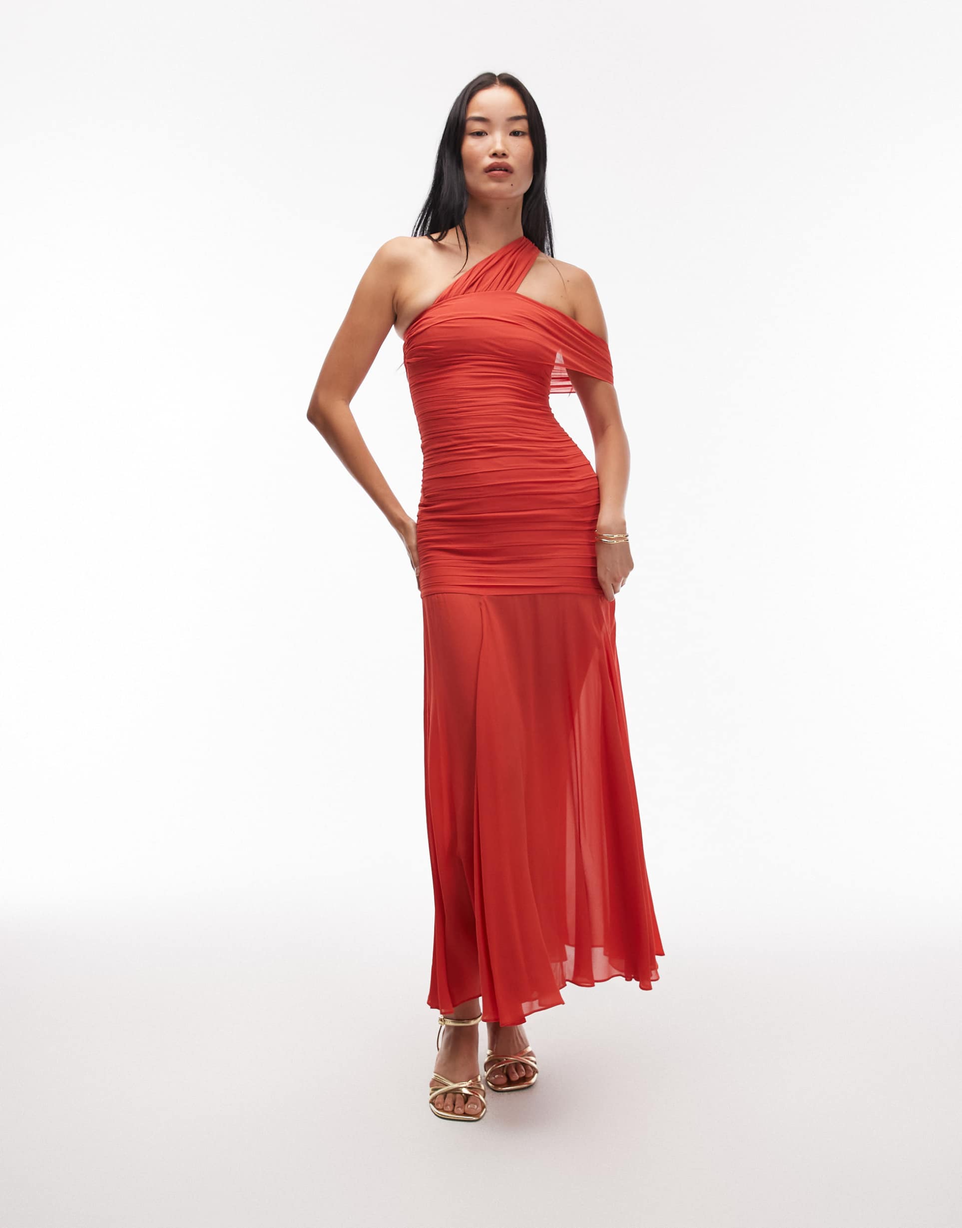 & other stories mixed fabric maxi dress with asymmetric off shoulder and sheer hem in bright red
