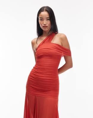 & Other Stories Mixed Fabric Maxi Dress With Asymmetric Off Shoulder And Sheer Hem In Red