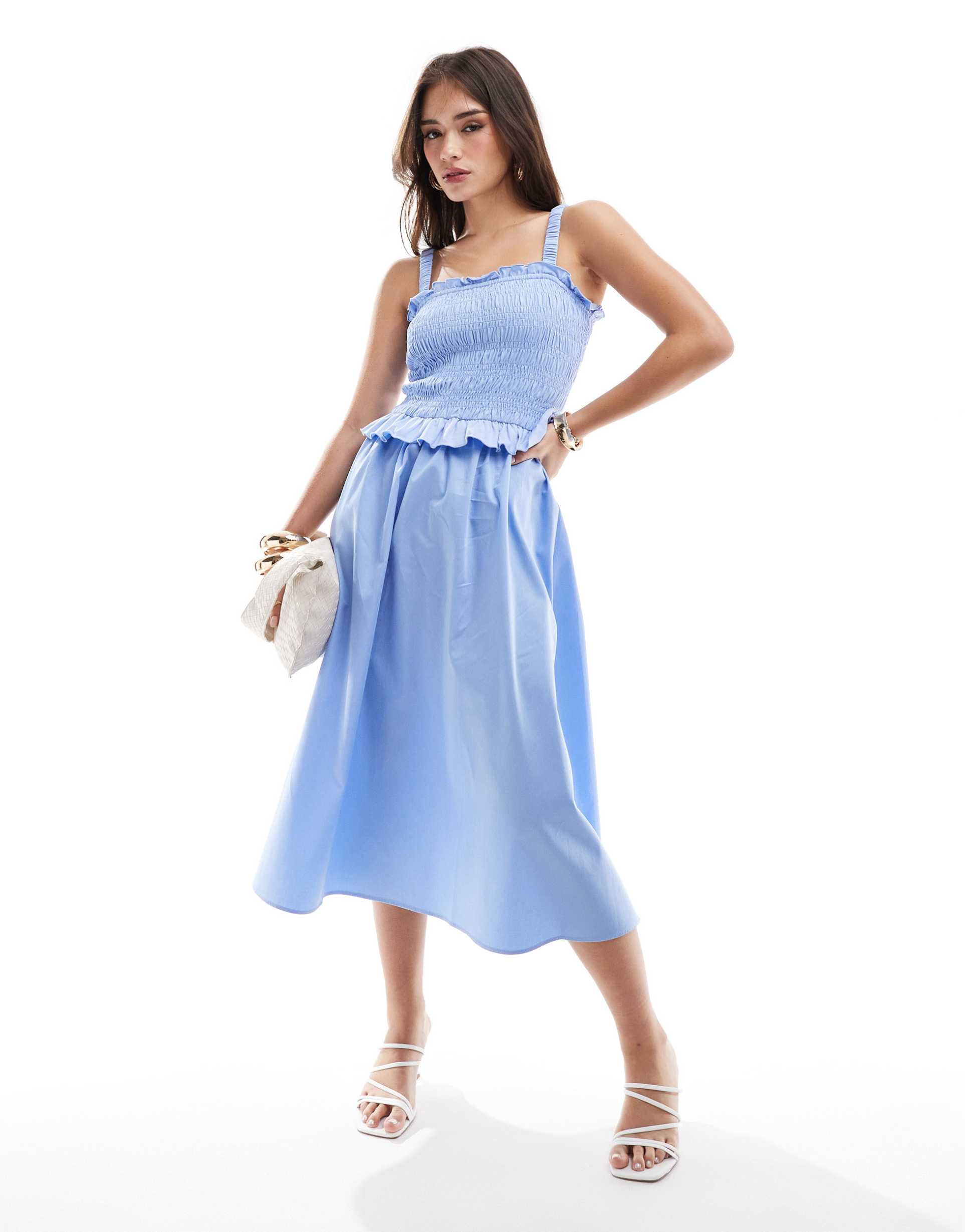 & other stories mixed fabric midi dress with ruched smock bodice and full hem in blue