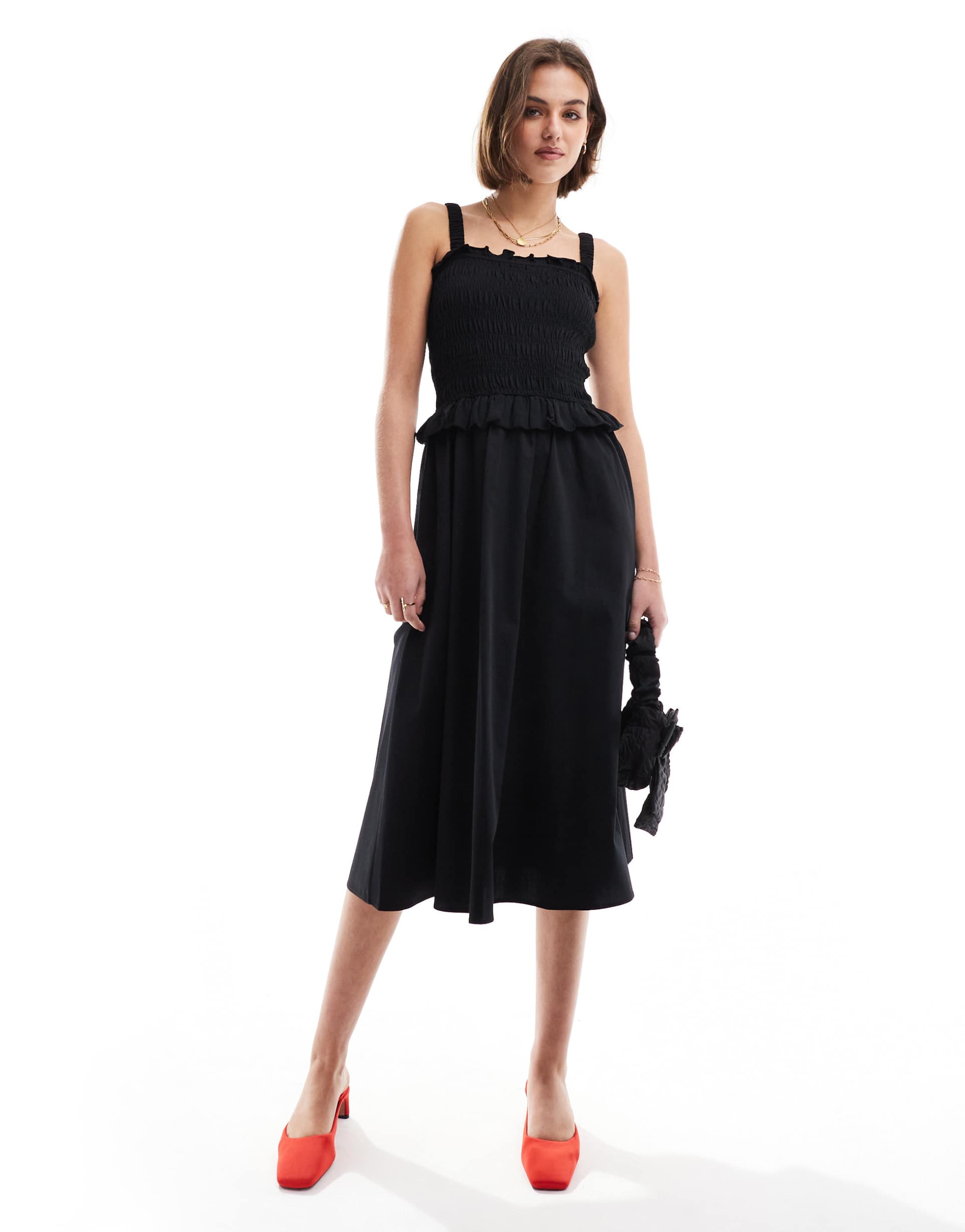 & other stories mixed fabric midi dress with ruched square neck bodice and full hem in black