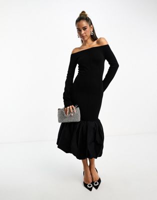& Other Stories mixed fabric puffball midi dress in black